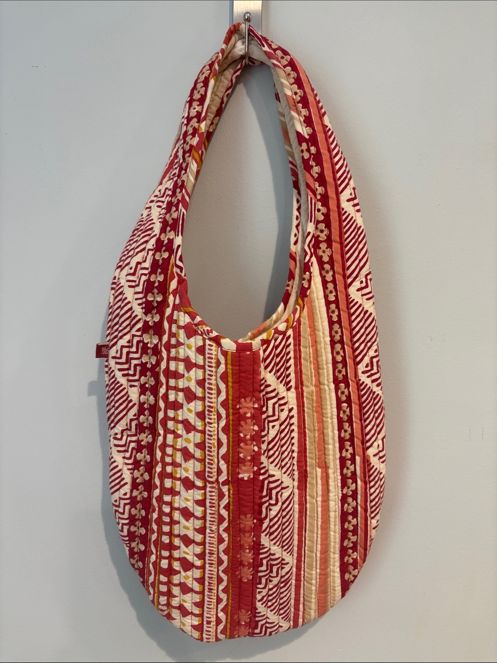 Anokhi Reversible Quilted Cotton Hobo Bag - Block Print to Solid Cream Color